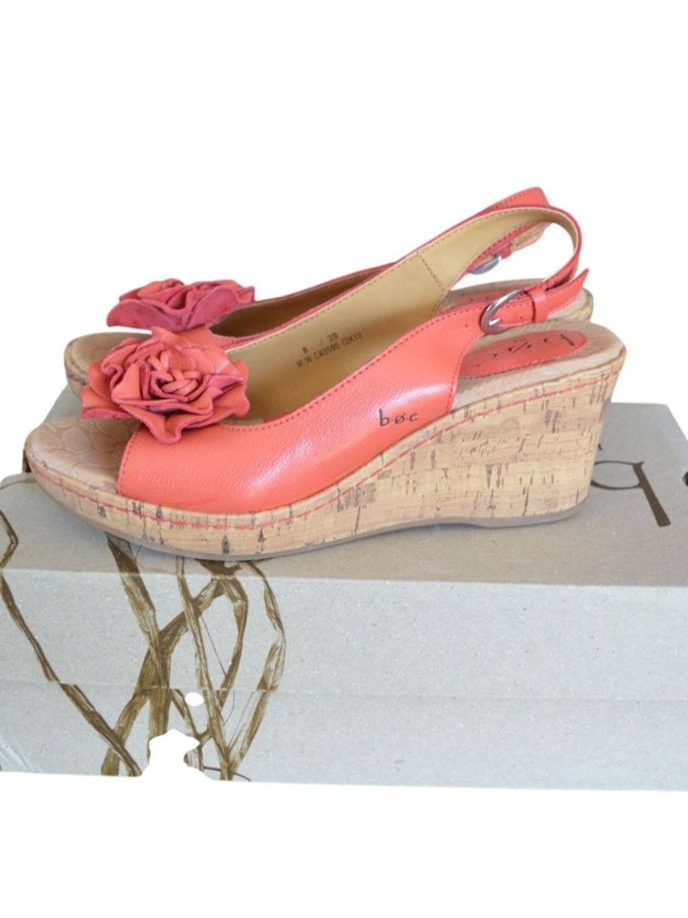 B.O.C. Born Concept Blossom Red Coral Cork Wedge Sandals Women's Size 8 Boho